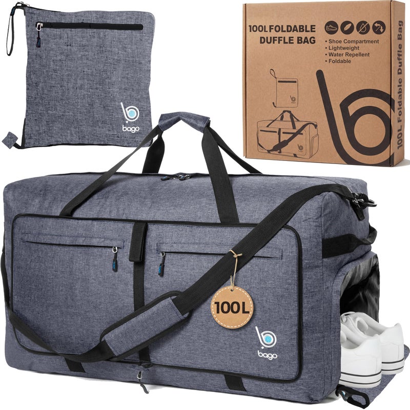 Bago Large Foldable Duffel Bags for Traveling Women & Men - 100L Packable Duffle Bag for Travel with Shoe Compartment - Water Repellant, Heavy Duty, Lightweight Folding & Collapsible (SnowBlack) - Image 1